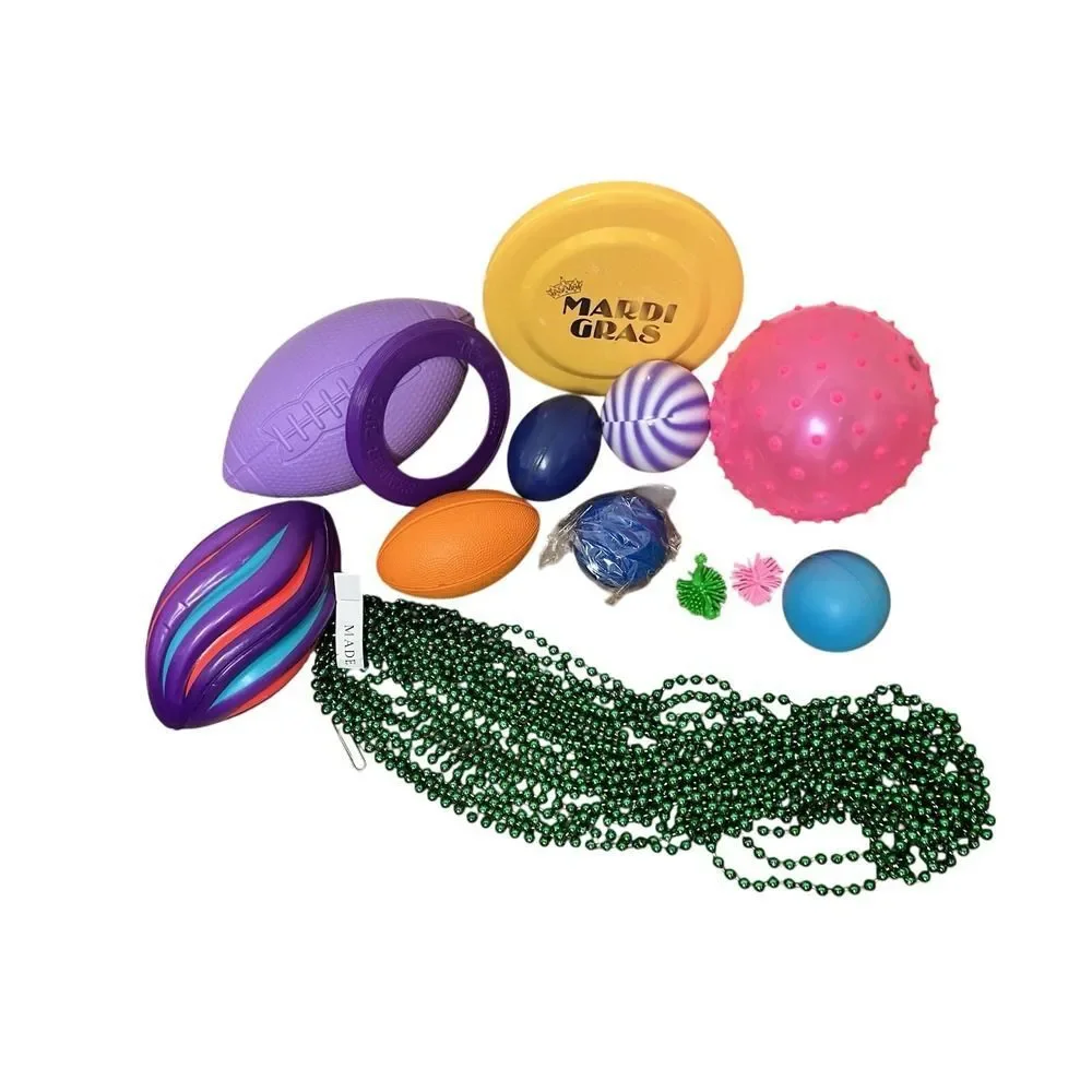 Mardi Gras Parade Throw Party Favor Bundle Beads Footballs Frisbee Balls Lot